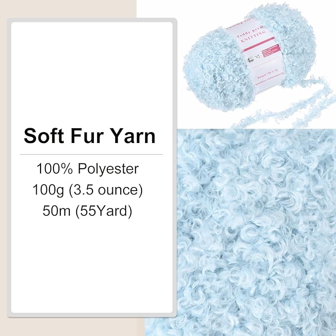 MECCANIXITY 1 Skeins Eyelash Yarn Fur Soft Fluffy Chunky Polyester Yarn Fuzzy Sky Blue for Crocheting Knit DIY Clothes Bag - 55Yard/50m, 3.53oz