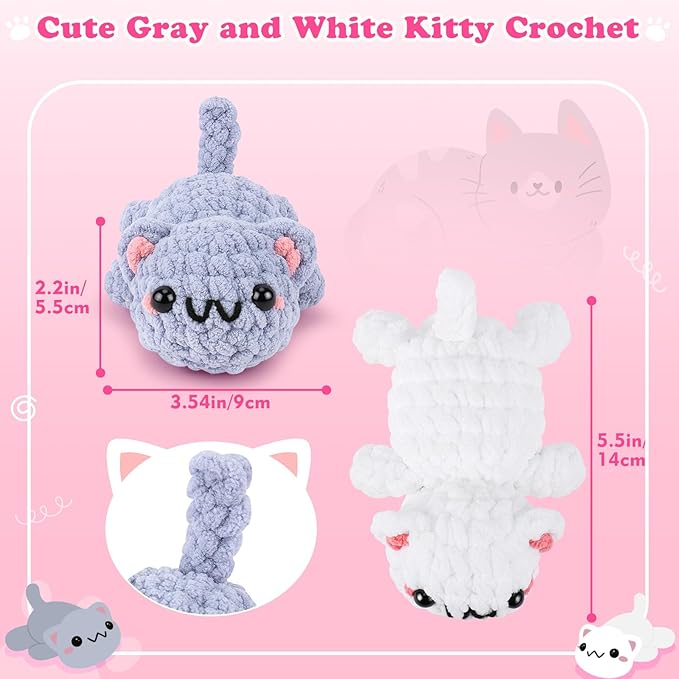 Crochet Kit for Beginners-2PCS Kitty Crochet Kit with Step-by-Step Video Tutorials, Crochet Starter Kit for Adults, Learn to Crochet Cats, Beginner Crocheting Kit Easy Peasy Yarn Gifts for Birthday