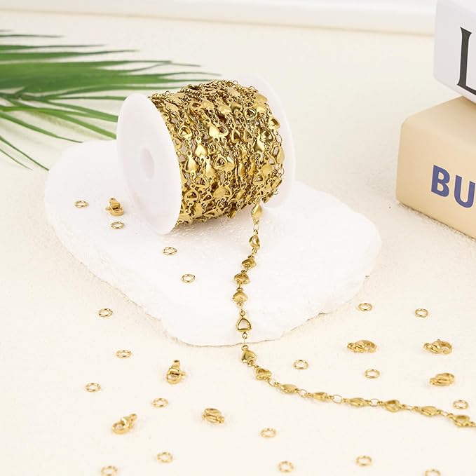 GTVOODX 18k Gold PVD Bulk Chains for Jewelry Making 13 Feet Stainless Steel Cross Flower Link Chain Waterproof Hypoallergenic DIY Permanent Jewelry Making Supplies