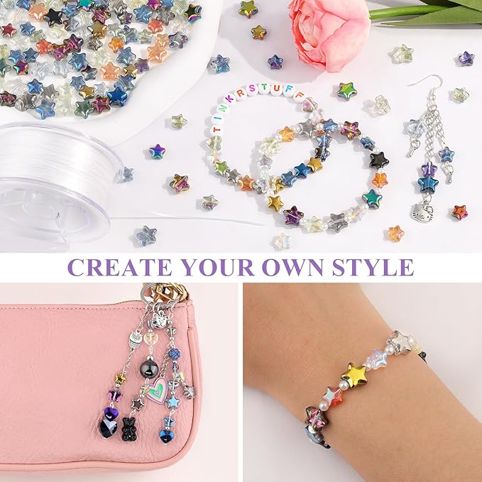 200PCS 8MM & 10MM Glass Star Beads Bedazzling Irisedent Glass Beads,Crystal Star Beads,Eletroplated Mixed Colors Cute Bead for Necklace Bracelet Jewelry Making,Spacer Beads Bulk for Crafting & DIY