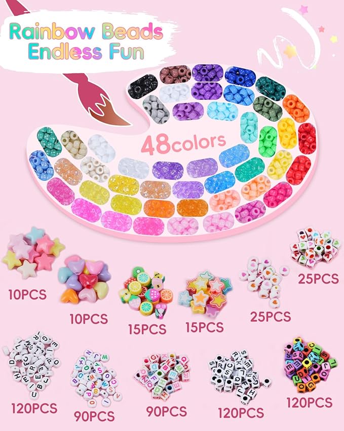 BestNow Pony Beads Bracelet Making Kit 48 Colors Friendship Bracelet Craft Kit with Alphabet Beads DIY Creative Gift for Bracelets Kandi for Girls boy Ages 6 7 8 9 10 11 12