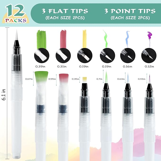 Junreox 12Pcs Watercolor Brush Pens, Premium Leakproof Water Brush Pen with 6 Assorted Tips for Aquarelle, Gouache, Acrylics, Refillable Paint Pens, Arts Value Set