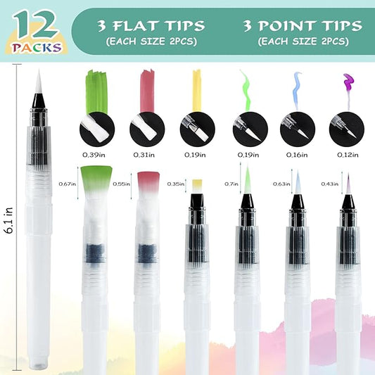Junreox 12Pcs Watercolor Brush Pens, Premium Leakproof Water Brush Pen with 6 Assorted Tips for Aquarelle, Gouache, Acrylics, Refillable Paint Pens, Arts Value Set
