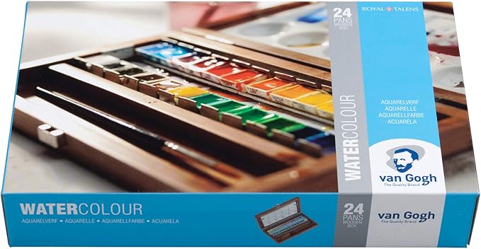 Van Gogh Watercolor Paint Set, Wood Box, 24-Half Pan + 3 Accessories
