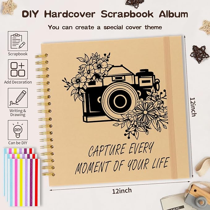 Scrapbook Album 12x12 inch, Travelling Journal Scrap Book Family Scrapbook Scrapbooking Supplies Kits Gift for Couples Anniversary Wedding (brown, 12 x 12 inch)