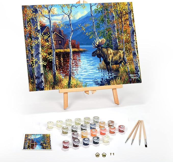 Ledgebay DIY Paint by Numbers Kit for Adults Framed Canvas Beginner to Advanced Paint by Numbers Kit Kits Include Acrylic Paint Set Brushes Tabletop Easel (Northwoods Retreat 12"x16" Framed)