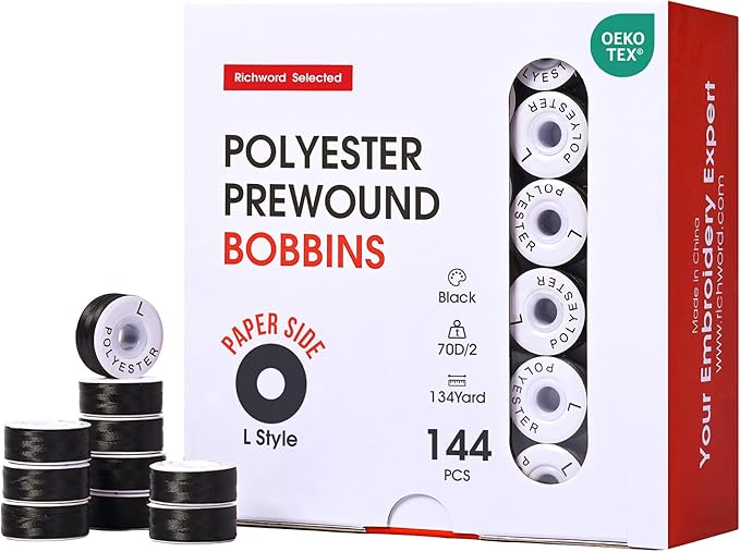 Poolin Prewound Bobbins, Richword Selected Black Cardboard Sided 144pcs Size L(SA155), 70D/2(60WT) Polyester Bobbin Thread for Commercial Multi Needles Embroidery Machine, 115 Yards