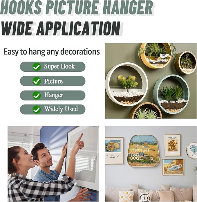 Super Hooks Picture Hanger,Gorilla Hooks - Hang Art, Clock, Shelves, Mirrors, Frames, or Planters for Home and Office Decorations-30pcs