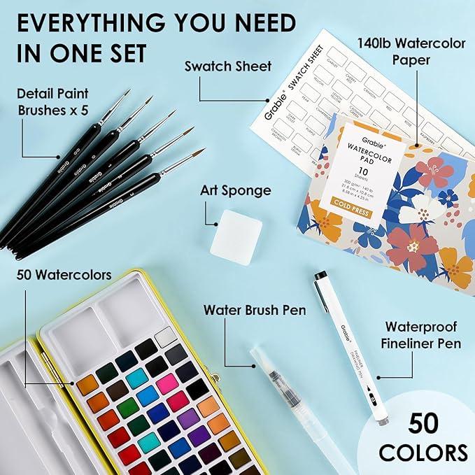 grabie 50 colors premium all-in-one water color paint set - detail paint brush included, watercolor paints, painting sets, art supplies, portable & travel watercolor set, amateur hobbyists