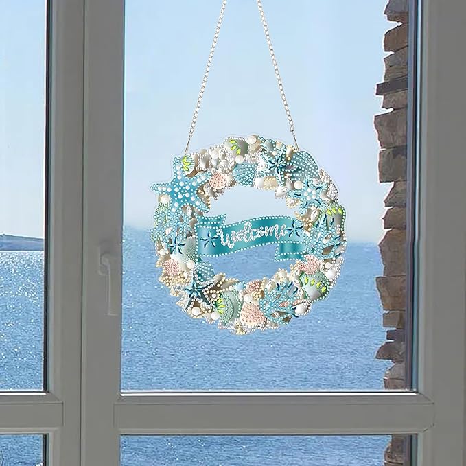 RYMILIE Diamond Art Hanging Kits for Adults,Shell Special Shaped Diamond Painting,Double Sided 5D DIY Acrylic Diamond Art Painting Window Pendants Home Garden Wall Hanging Kits Sea Ornament.(Welcome)