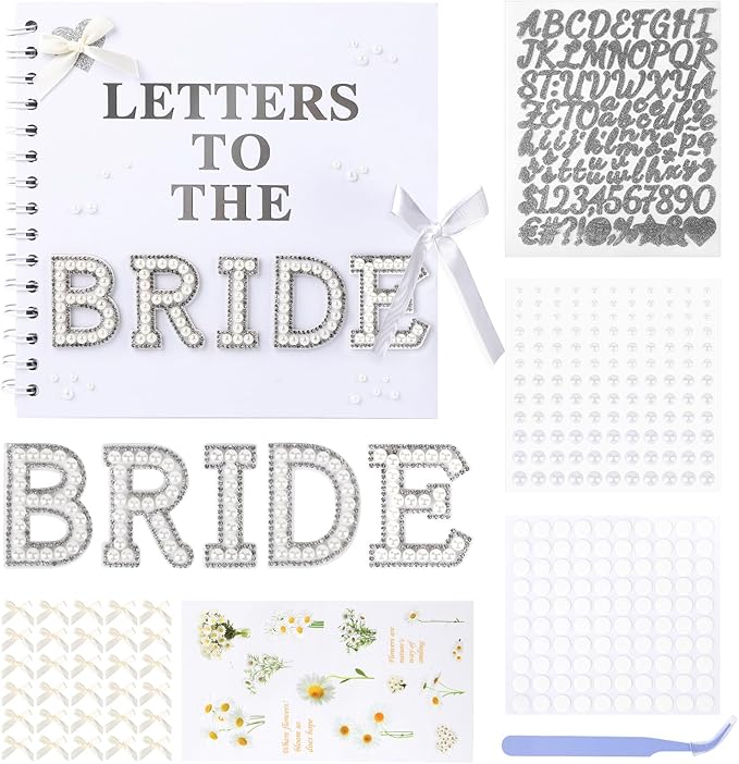 Mioxskrey Letters To The Bride Scrapbook Wedding Bridal DIY Blank Paper Memory Scrapbook Wedding Albums Supplies with Pearl Stickers, Bows, Metallic Letters, Flower Stickers, Tweezers, 8x8 Inch, White