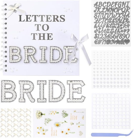 Mioxskrey Letters To The Bride Scrapbook Wedding Bridal DIY Blank Paper Memory Scrapbook Wedding Albums Supplies with Pearl Stickers, Bows, Metallic Letters, Flower Stickers, Tweezers, 8x8 Inch, White