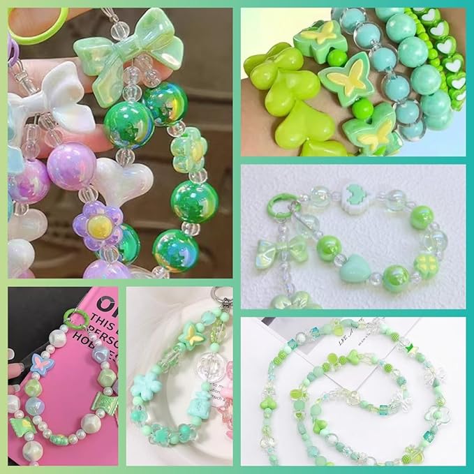Omiposs 300Pcs Acrylic Beads for Bracelet Making with Cute Kawaii Charms, Beads & Assortments for Friendship Bracelets, Jewelry Making DIY Necklace Keychain Phone Charm Craft Gifts (Green)