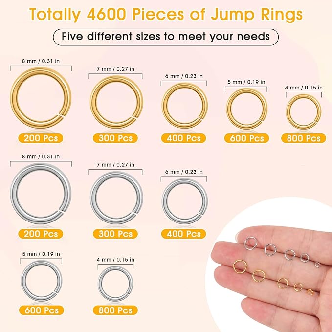 4600pcs silver and gold jump rings with open/close tools for jewelry making and necklace repair (assorted sizes)