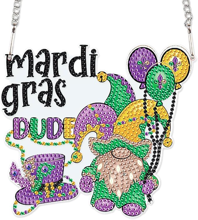 5D DIY Diamond Painting Mardi Gras Gnome Hanging Pendant – Acrylic Special Shaped Rhinestone Kit, Window or Wall Ornament for Festival Home Decoration and Gift