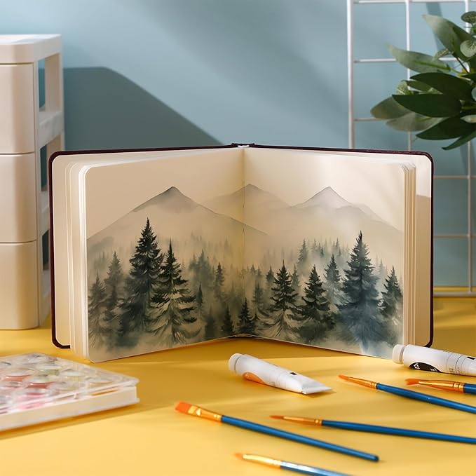 Dispowreath 5.5 x 5.5 in Watercolor Sketchbook Journal Square Watercolor Notebook Cold Press 140lb 300gsm Cotton Paper 48 Pages Journals Notebook Paper Pads(Red Brown)