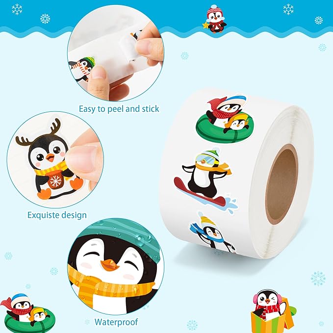 beyumi winter cute penguin sticker - 1000pcs winter penguin stickers in 2 rolls winter christmas adhesive kawaii animal decal winter holiday party favor supplies classroom office bottle decor for kids