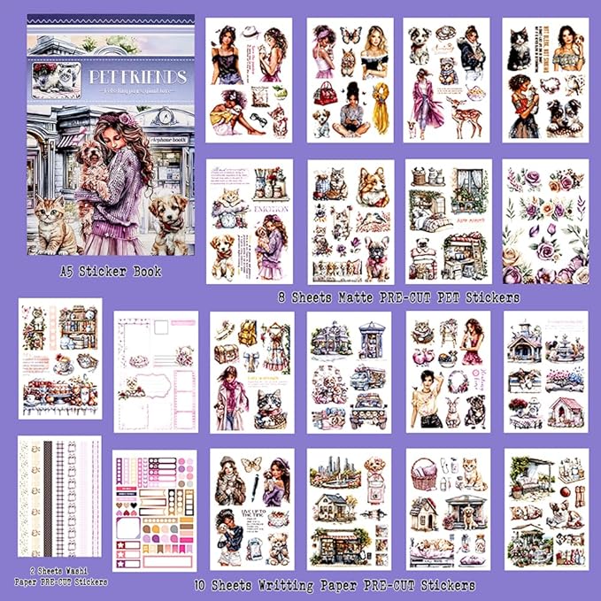 Pet Friends Journal Sticker Book for Adults Journaling, Scrapbook PET Washi Stickers for Scrapbooking, Junk Journal Supplies, Collage, Bujo, A5, 20 Sheets