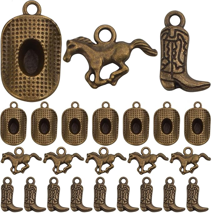 60pcs Antique Bronze Western Themed Cowboy Charms Tibetan Alloy Western Cowboy Hat Boot Horse Pendants Charms for DIY Bracelet Necklace Earrings Jewelry Making