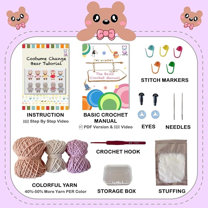 LoopMap Amigurumi Crochet Kit for Beginners with Removable Dress & Video Tutorials, DIY Bear Making Kit Includes Premium Yarn & Tools, Creative Gift for Adults Teens (Purple)