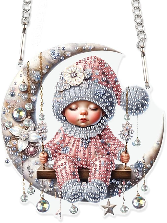 AiYuanzsh Christmas Baby on Moon Diamond Painting Hanging Kit, DIY 5D Acrylic Diamond Art Pendant with Special Shaped Rhinestones, Elegant Wall or Window Decoration, Handmade Craft Gift for Adults