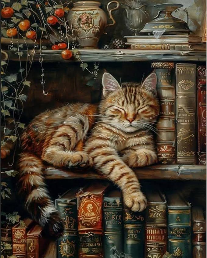 Okarina Paint by Numbers Kit for Adults Beginner Cat, Bookshelf Adult Paint by Number Kits on Canvas, Book DIY Acrylic Oil Painting by Numbers for Adults, Perfect for Home Wall Decor 16X20 Inch