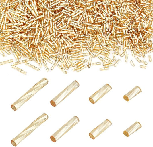 PH PandaHall 1600Pcs 4 Sizes Glass Bugle Beads, Golden Long Tube Seed Bead 5/6/9/12x2mm Loose Spacer Bead with 0.5mm Round Hole for Earring Bracelet Neckalce Jewelry DIY Craft Making Dress Decor