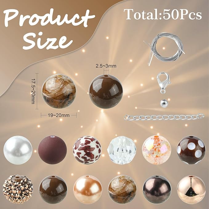 Ipotkitt 50 Pcs/Set Coconut Brown Leopard Print Beads Bracelet Bead Kit with Chain Clasp Candy Color Acrylic Round Spacer Beads for Jewelry Making