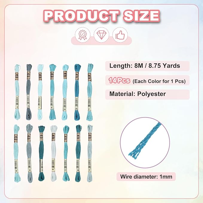 PATIKIL 14 Skeins Embroidery Floss, Polyester Embroidery Threads Bracelets String for Cross-Stitch Hand Embroidery, Multicolored Light Blue