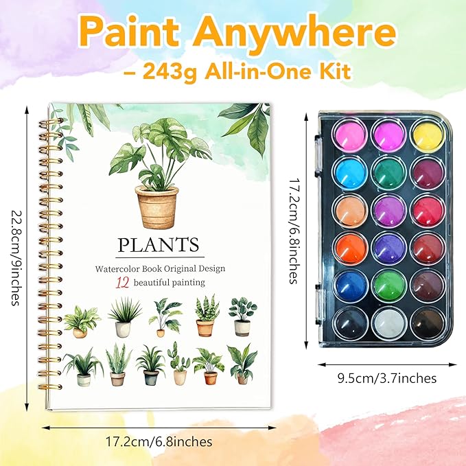 Easy Watercolor Workbook for Beginners - 12 Beautiful Step-by-Step Paintings Water Coloring Book, Includes 18 Colors Paints, Relaxing Art Projects and Creative Gift for Adults & Teen (Plants)