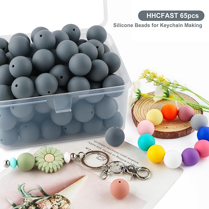 65Pcs 19mm Silicone Beads for Keychain Making Bracelet Necklace, Bulk Round Silicone Beads for Pens（Dim Gray）