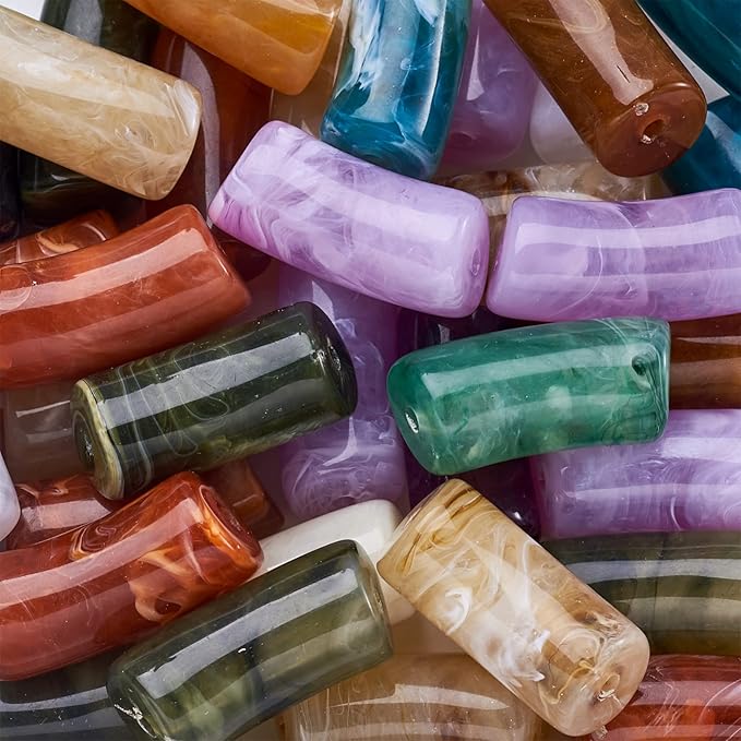 40Pcs Acrylic Chunky Tube Beads with Rondelle Brass Rhinestone Spacer Beads & Elastic Crystal Thread, Imitation Gemstone Curved Tube Beads for Bamboo Bangles Bracelet Jewelry Making