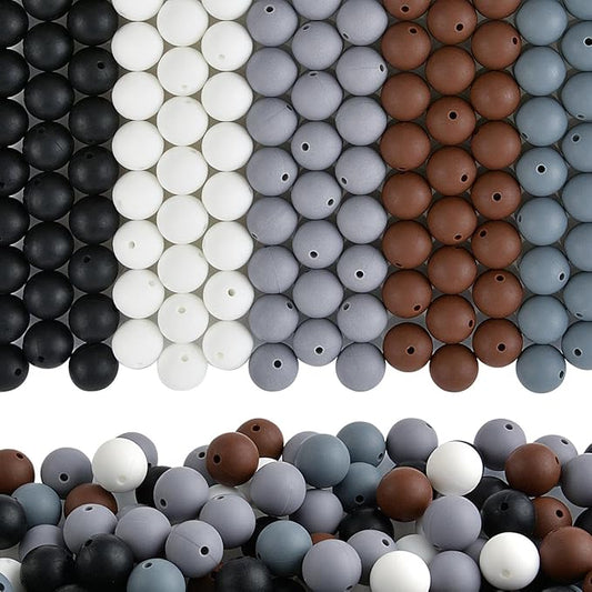 ZIFTY 150Pcs Silicone Beads for Keychain Making Kit 15mm Bulk Loose Round Rubber Silicone Focal Beads for Pens, Necklace Bracelet Making Kit, Jewelry, Art, Crafts, DIY(Black, White, Grey)