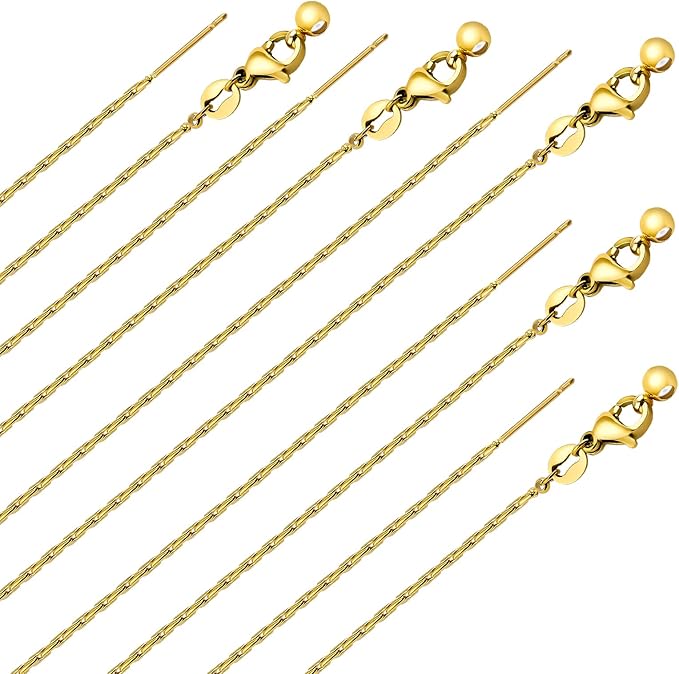 GTVOODX 10pcs Gold Plated Adjustable Thin Necklace Chains Bulk for Jewelry Making Stainless Steel 0.75mm Rectangle Cable Chains with Adjust Clasp for Women