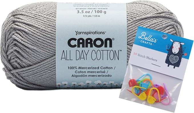 Caron All Day Cotton Yarn - 100g/3.5oz - 100% Mercerized Cotton - 173 Yards Bundle with Bella's Crafts Stitch Markers (Cloud Gray)