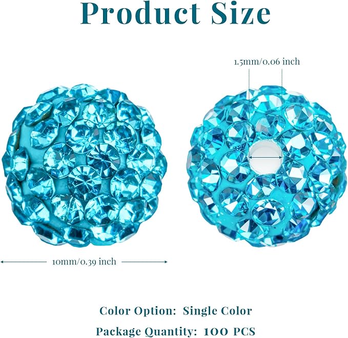 100Pcs 10mm Aquamarine Rhinestone Beads for Jewelry Making, Shiny Round Disco Ball Sparkly Beads Bulk with 10-Grid Storage Box for DIY Baseball Necklaces Shamballa Bracelets