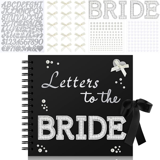 Fuyoooo 8 x 8 Inch Letters to The Bride Scrapbook Wedding Memory Book Bridal DIY Blank Paper Scrapbook Photo Album Guest Book Sign with Pearl Stickers, Metallic Letters, Bows(Black)