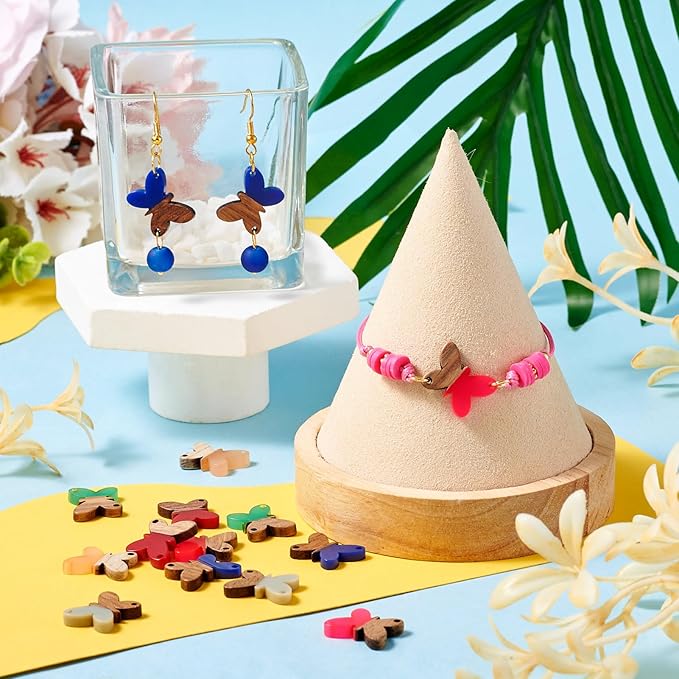 Beadthoven 12pcs/6 Pairs Butterfly Wood Resin Charms Connector Pendants, Mini Small Butterfly Wood Earrings Blanks Wooden Pendants for DIY Bracelet Jewelry Making Spring Boho Earrings Necklace Women