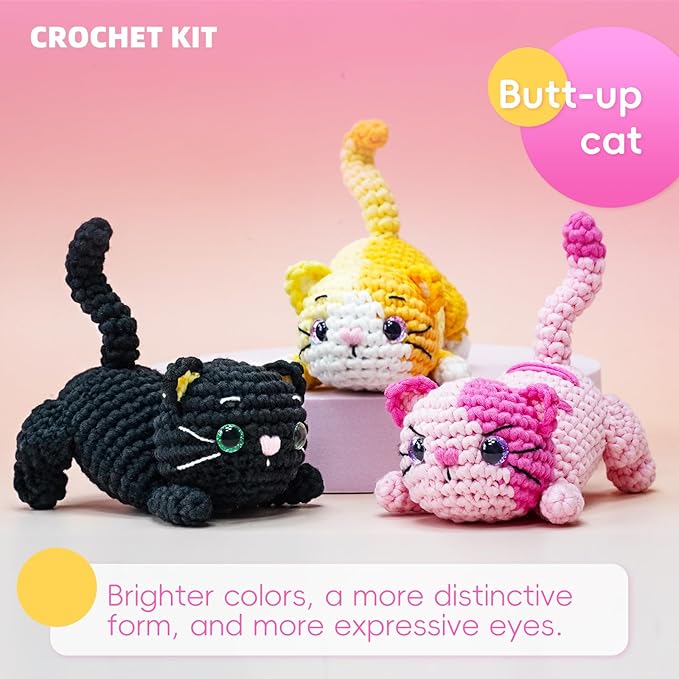 LUDOTEK Crochet Kit for Beginners, Crochet Animal Kits,Crocheting Kit for Starters with Step-by-Step Video Tutorials, Beginner Crochet Kits for Adults(3 Pack cat)
