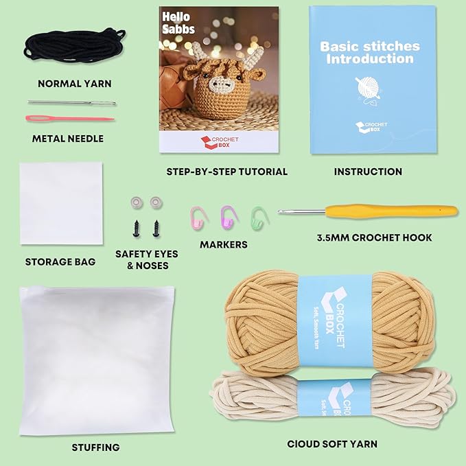 Crochet Kit for Beginners: Highland Cow Crochet Kit, Learn to Crochet, Include Easy Knitting Soft Yarn, Step-by-Step Video Tutorial, Hook, Holiday Birthday Gift for Adults and Teen(30%+ Yarn)