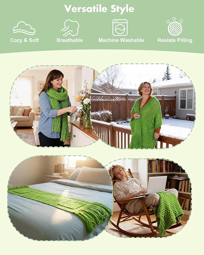 Arborthread Crochet Kit for Beginners, Easy Pocket Shawl & Scarf Crochet Kit for Adults w/Ample Premium Yarn to Fit Different Sizes, Step-by-Step Video & Instructions, Green