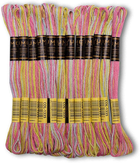 Pack of 12 Premium Embroidery Thread | 100% Egyptian Cotton Premium Skeins | Cross Stitch Embroidery Floss | Oeko TEX Certified | Ideal for Arts & Crafts (Pastel Rainbow Variegated 1335)