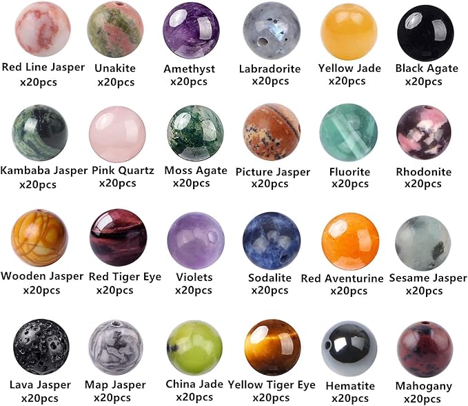 480pcs Natural Round Stone Beads Genuine Real Stones Beading Loose Gemstone DIY for Bracelet Necklace Earrings Jewelry Making (8mm-24 Color S2, 8mm)