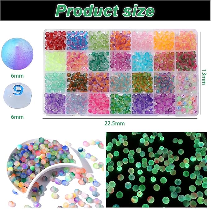 Glow in The Dark Glass Beads for Bracelet Making, 850pcs 6mm 26 Color Crystal Gem Beads Round with Luminous Numbers&Letters Craft Beads for Bracelets Necklaces Earring Making Kit Party Decor