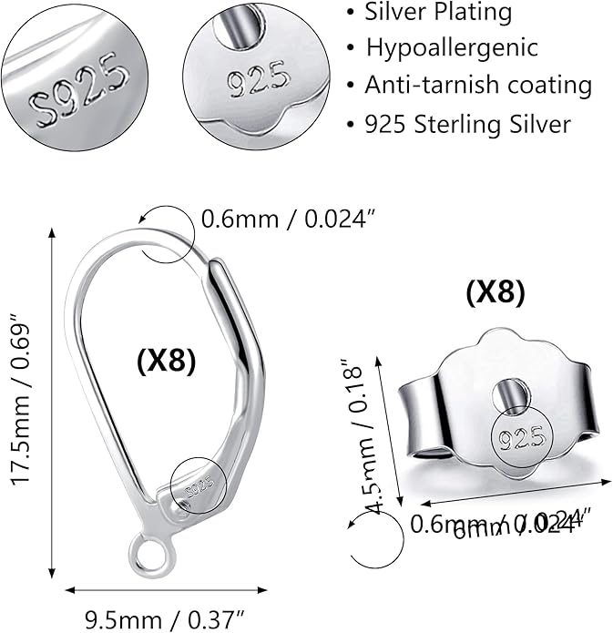 925 sterling silver leverback french hooks - hypoallergenic earring backs with jump rings set - dangle hooks sterling silver findings supplies for jewelry making