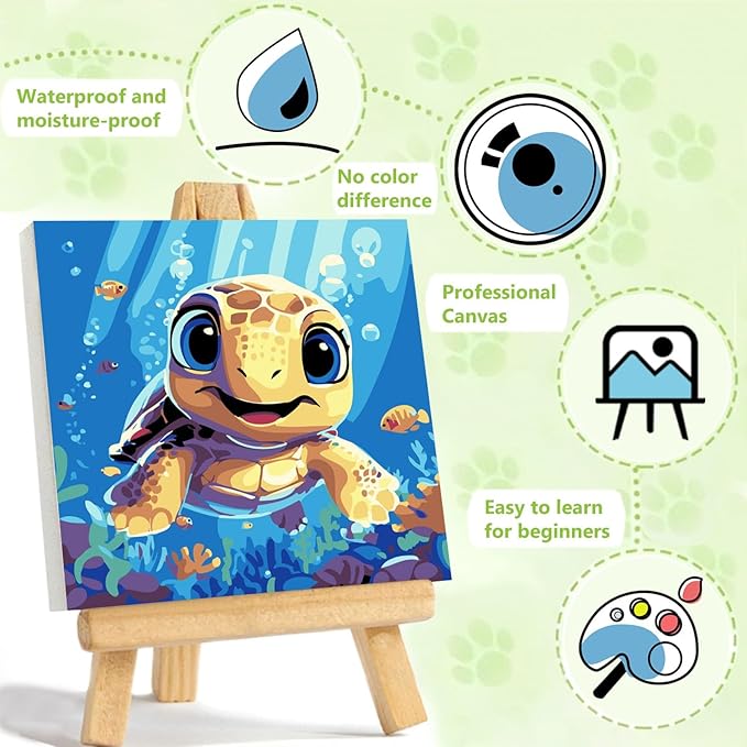 Reivworl Paint by Numbers Kit for Kids with Frame and Easel, Sea Turtles Paint by Number for Kids Age 6-8-12, Acrylic Paint by Numbers for Gifts and Home Decor (8X8inch)