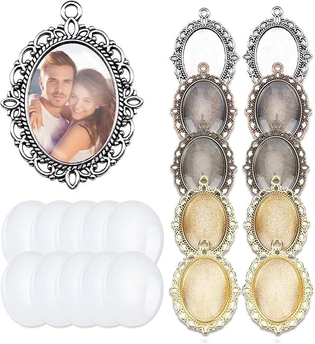 20Pcs Photo Charms Cabochon Blanks Set 10Pcs Large Oval Pendant Trays with 10 Glass Cabochons for Memorial Jewelry Making Bridal Bouquet Charms DIY