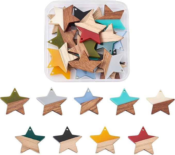 Beadthoven 18pcs/9 Pairs Natural Wood Resin Charms Small Star DIY Earrings Pendants Mixed Colors Wooden Pieces Pendants for Statement Jewelry Making Findings