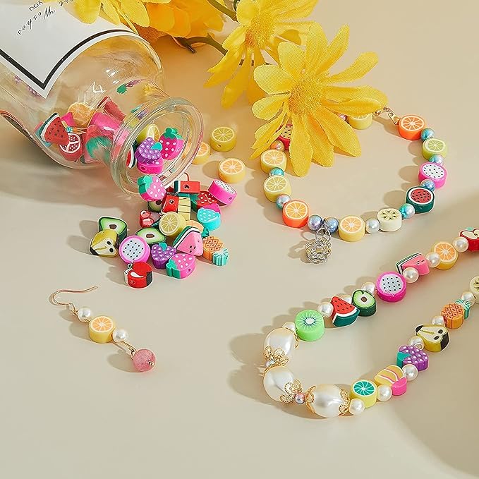 200PCS Colorful Fruit Polymer Clay Beads Kit - 10mm Mixed Fruit Spacer Beads for Jewelry Making DIY Bracelet Necklace