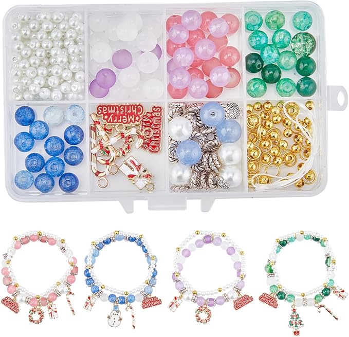 SUNNYCLUE 1 Box 438Pcs 4 Sets Christmas Charms Beading Bracelets Making Kit Double Layered Bracelet Enamel Christmas Tree Charm Snowman Holiday Charms Glass Beads for Jewelry Making Kits Women